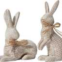 DN DECONATION Easter Decorations Bunny Figurines Set, Rattan Effect Resin Beige Bunnies Standing & Lying with Bow, Farmhouse Spring Tabletop Decor for Mantel Shelf Office Home Gift