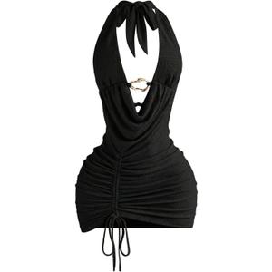 OYOANGLE Women's Deep V Neck Bodycon Halter Mini Dress Tie Backless Ring Linked Drawstring Ruched Party Night Out Dress Black Medium