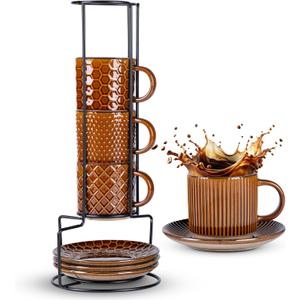 GBhome 6OZ Stackable Coffee Mugs with Stand and Saucer, Ceramic Coffee Mugs Set of 4 with Texture Patterns for Man,Woman,Dad,Mom, Modern Coffee Cups for Latte/Espresso. Dishwasher&Microwave Safe (Caramel)