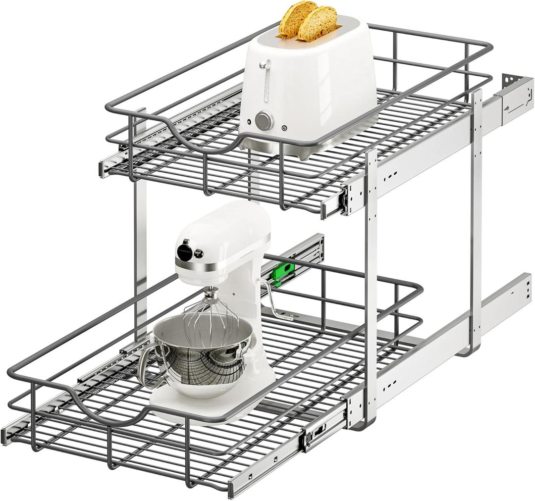 2 Tier Pull Out Cabinet Organizer - 14" W x 22" D Soft Close Slide Out Shelves with Shelf Liners - Pullout Drawers for Kitchen Cabinets, Pantry, Bathroom, Heavy Duty Steel Wire Baskets