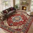 RELEANY Area Rugs 9'x12' Washable Non-Slip, Floral Vintage Distress Print Pattern Medallion Carpet for Living Room Bedroom Dining Room, Red Blue