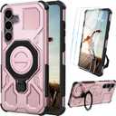 for Samsung Galaxy S25 Plus Case with Tempered Glass Screen Protector, Heavy Duty Military Grade Shockproof Protective Cover 360 Ring Magnetic Kickstand Cell Phone Case for Samsung S25 Plus (Pink)