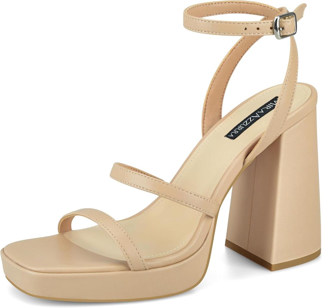 MIRAAZZURRA Platform Strappy Heel Sandals Square Open Toe Two Strap Chunky High Heeled Sandals with Buckle Ankle Strap for Women Party Wedding Dress (8, Nude)
