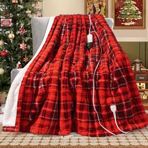 MAXEVE Heated Electric Blanket, 50"x60" Faux Fur Fast Heating Throw Blankets with 8 Heating Levels & 8 Hours Auto Off with Over-Heat Protection & ETL Certified, Plaid Red
