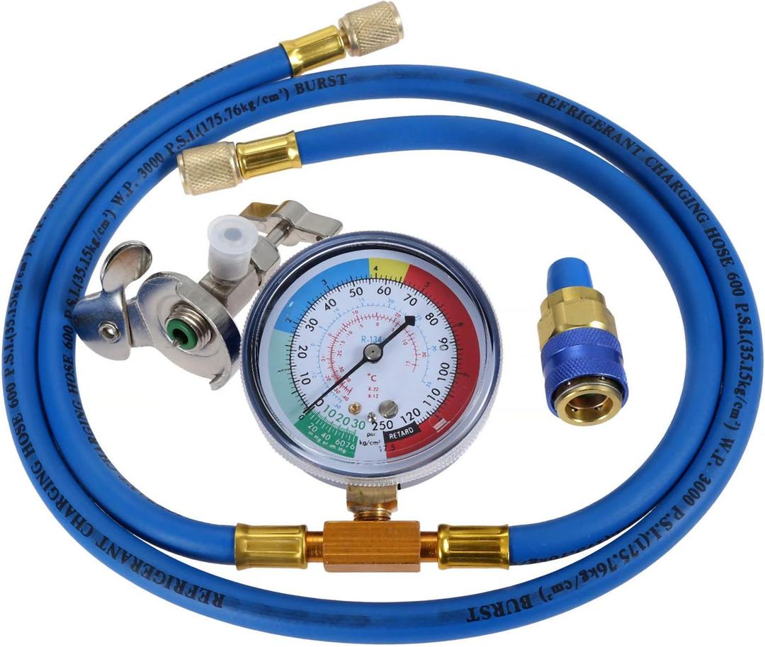 R134A Refrigerant Charge Hose Kit, 1/4 SAE Port for R12 R22 Air Conditioning, 59" Recharge Hose with 2.75" Gauge, Removable Universal Freon Can Tap, and R134a Low Side Quick Couple for Car