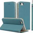 iCoverCase Genuine Leather Wallet Case for iPhone SE(2022)/SE(2020)/7/8 with Wrist Strap, Card Holder, Magnetic Closure, Kickstand (Light Blue)