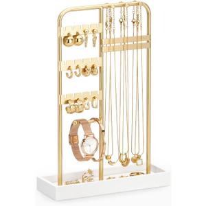 ChuStory Jewelry Holder Organizer, Gold Jewelry Stand, Jewelry Stand Organizer, Room Decor Gift for Women/Teen Girl (Gold+White) (T28)