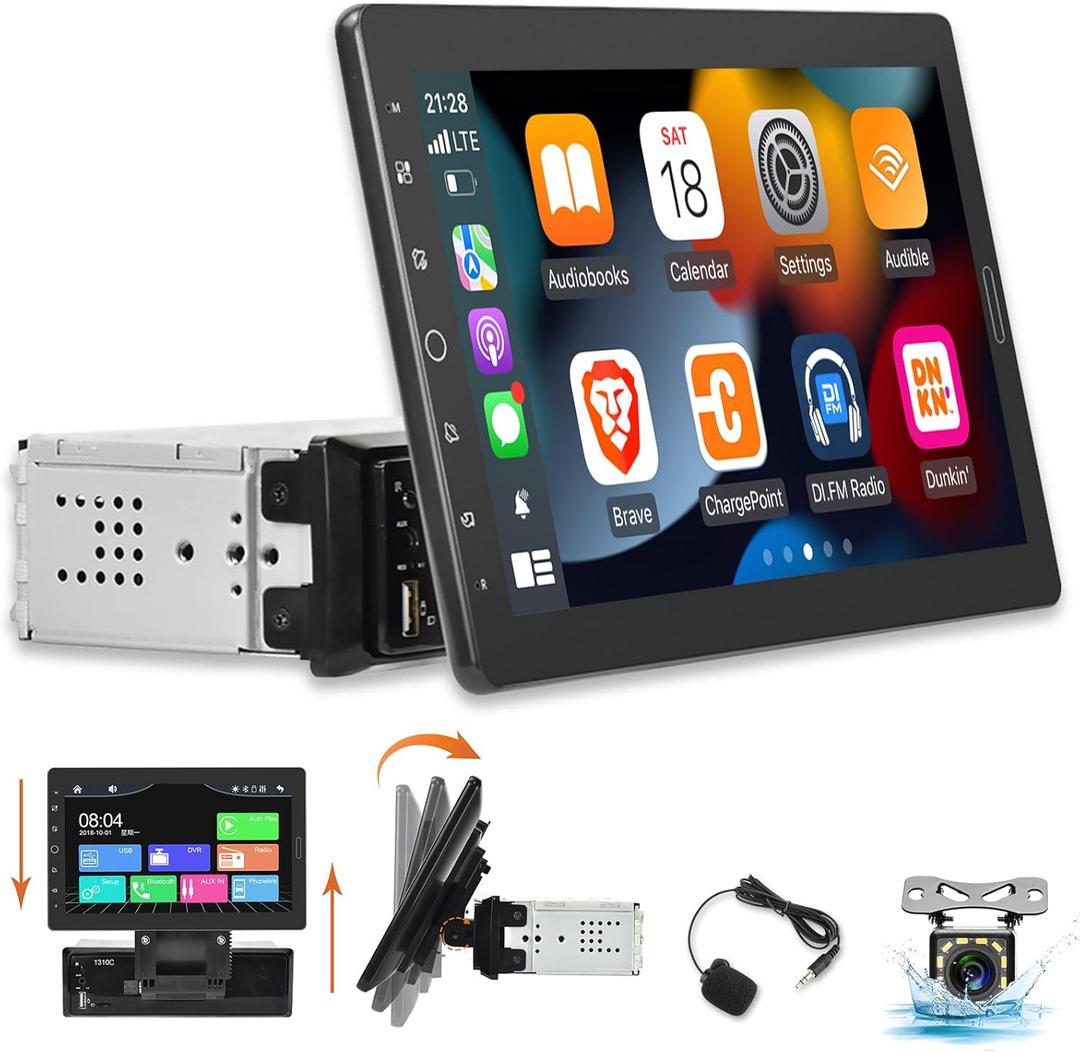 EKAT 10 inch Detachable Single Din Car Stereo with Apple CarPlay and Android Auto, 10.1 Touch Screen 1 Din Radio with Mirror Link/1080P/EQ Audio/SWC/Bluetooth +Backup Camera+MIC
