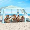 Rhino Valley Beach Cabana, 8 * 8FT Beach Tent UPF50+ Protection, Easy Setup Beach Canopy Wind Resistant with Cup Holder, Compact Beach Shade Foldable Beach Tent Sun Shelter, Light Blue Stripes