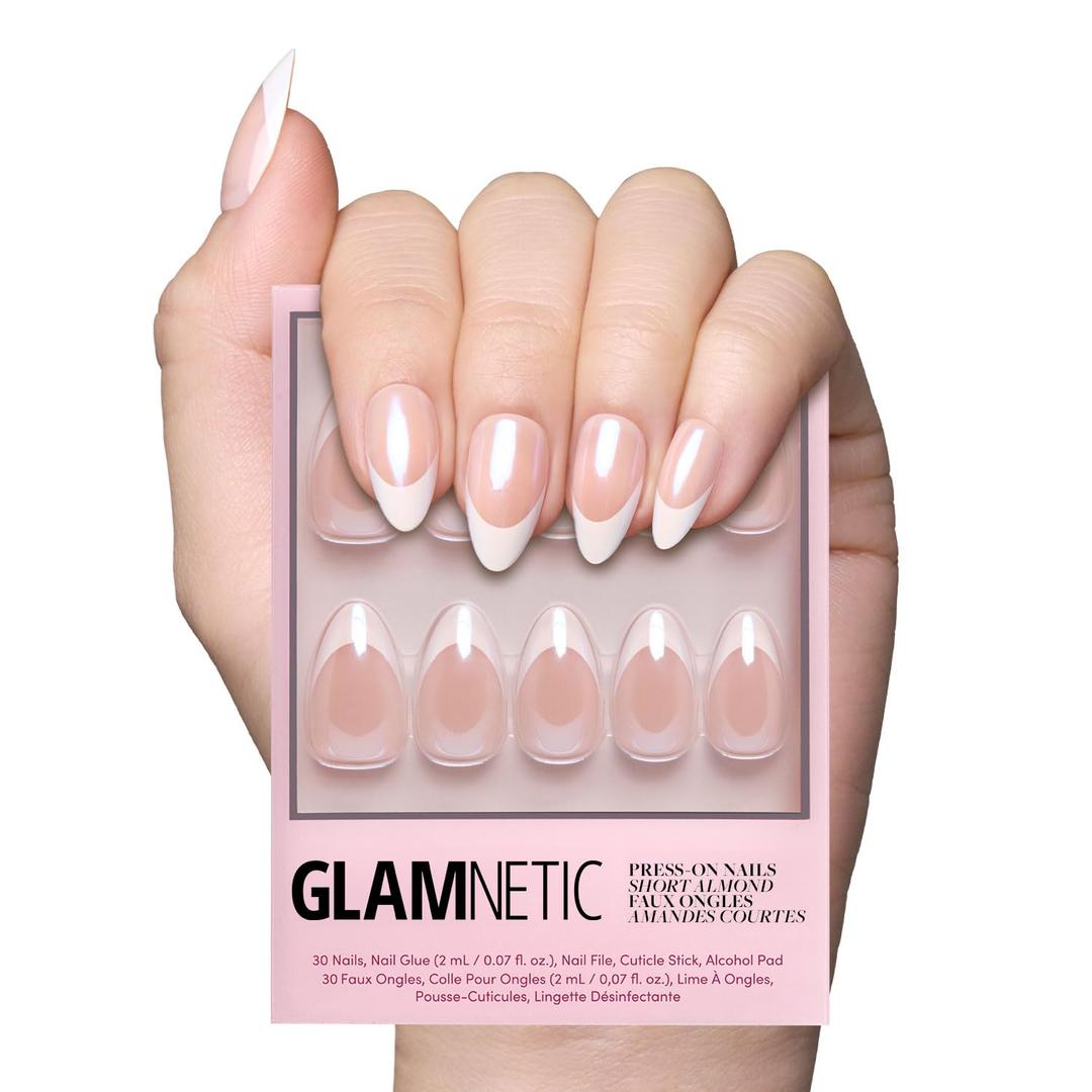 Glamnetic Press On Nails - Mrs. | Short Almond Fake Nails with French Tips and Glossy, Glazed Finish, Salon Quality | 15 Sizes - 30 Nail Kit with Glue