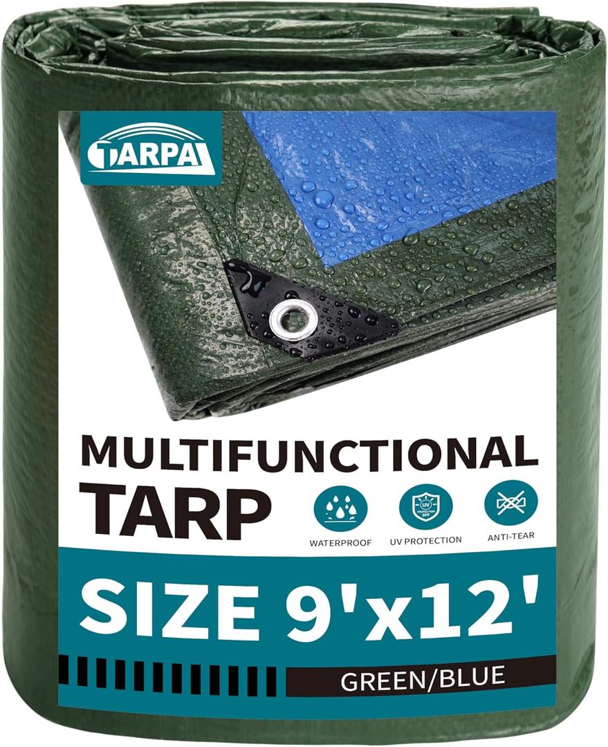 TARPAL Tarps 9x12 Feet Green Tarp Waterproof Lightweight tarps Multipurpose Protective Cover All Purpose Poly Tarps Cover for Firewood Outdoor Furniture etc (912 Feet-Finished size)