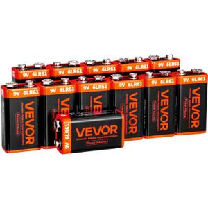 VEVOR 9V Alkaline Batteries, 12-Pack, 9 Volt Square Battery for Smoke Detector, 10-Year Shelf Life, Long Lasting, All-Purpose, for Fire Alarm, Household Office Business Devices, Electronics & Audio