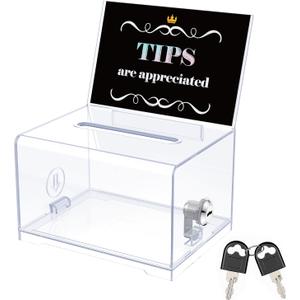 Uniclife 6.2" x 4.7" x 4" Acrylic Donation Box Ballot Box with Slot Plastic Tip Jar Suggestion Boxes with Lock and Sign Holder Storage Container for Fundraising Voting Charity Tip Collection Box