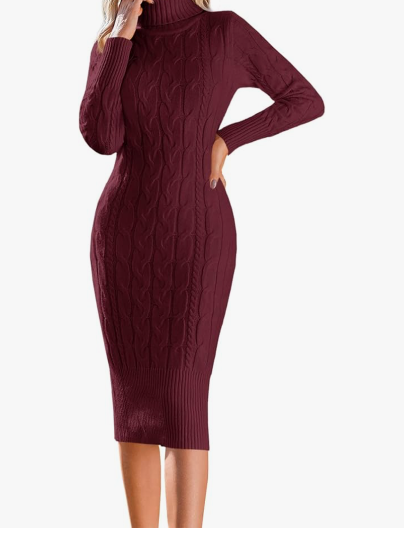 Fangetey Womens Long Sleeve Turtleneck Sweater Dresses Knitted Bodycon Midi Sheath Jumper Dresses, Size Small