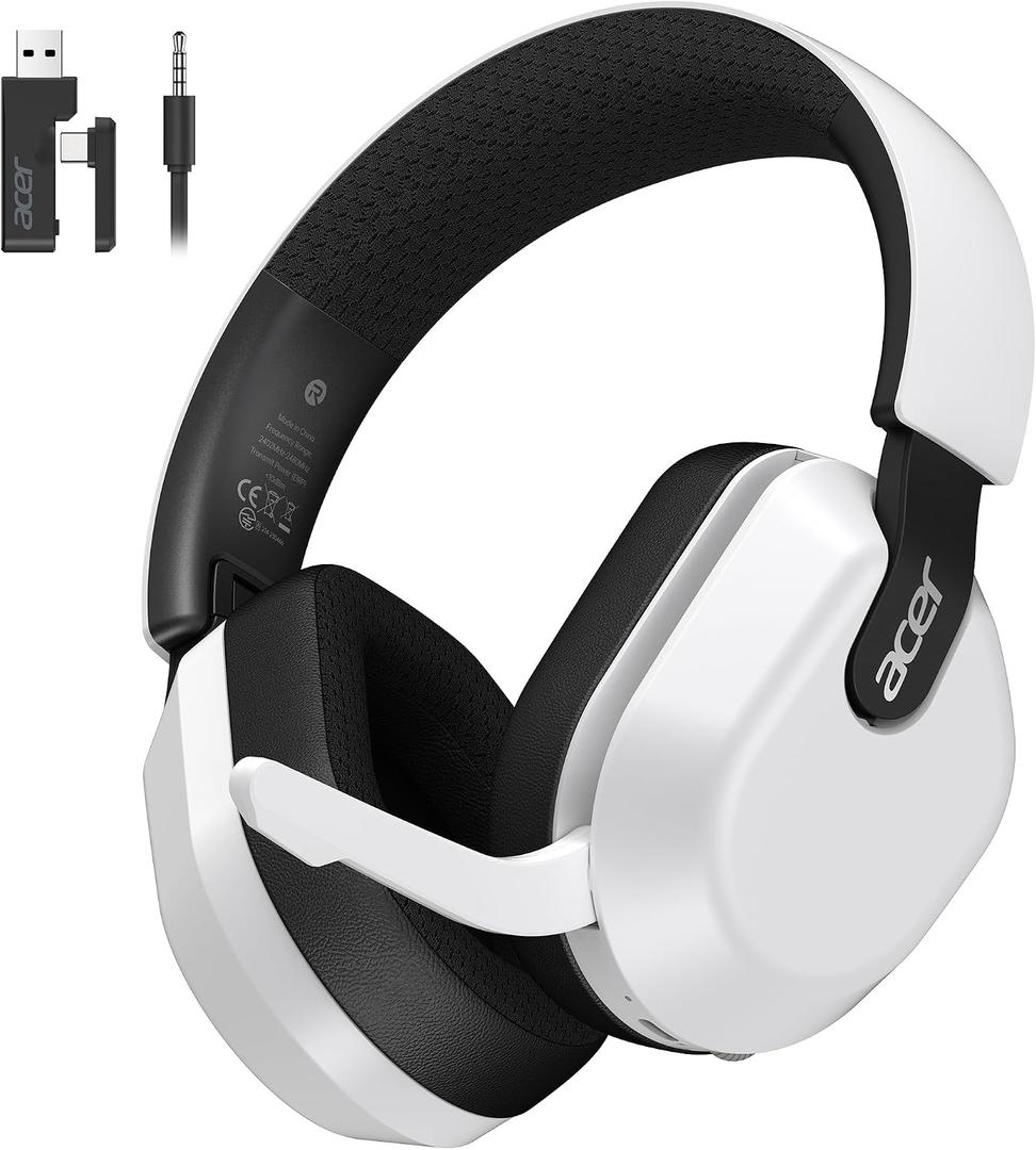 acer Wireless Gaming Headset for PS5/PS4, PC, Mac, 2.4GHz & Bluetooth 6.0 Gaming Headphone with Flip-to-Mute Mic, Lightweight Glasses-Friendly, 70H Battery - White