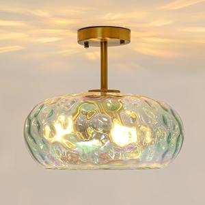 Semi Flush Mount Ceiling Light, 14" Large 3-Lights Ceiling Light Fixture with Iridescent Hammered Glass Shade, Modern Chandelier for Hallway Entryway Foyer Bedroom, Brass/Gold