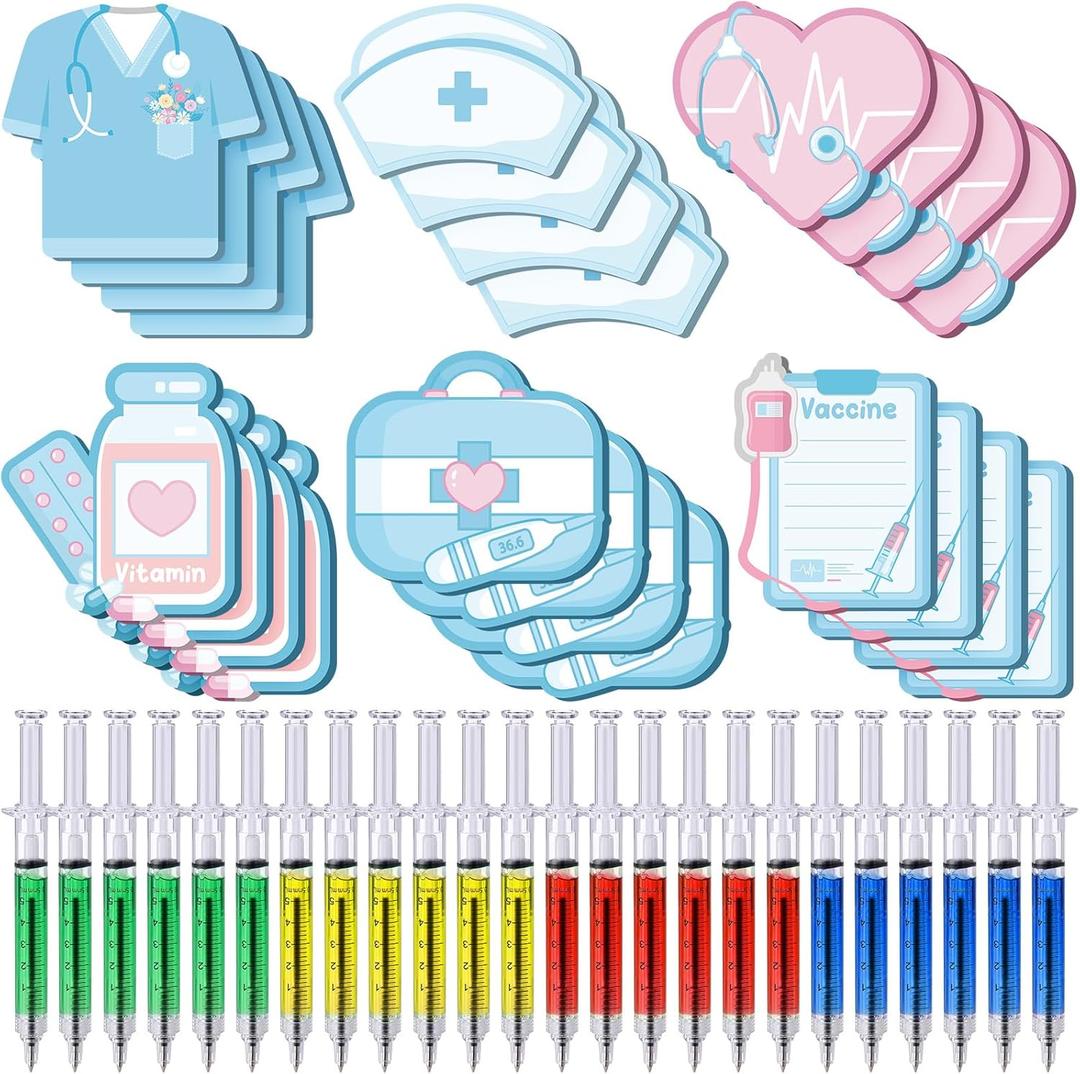24 Sets Mini Funny Nurse Sticky Notes with Syringe Ballpoint Pens Nursing Student Essential Medical Themed Sticky Note Nurse Gift Self Stick Cute Note Pads for Hospital School Supplies