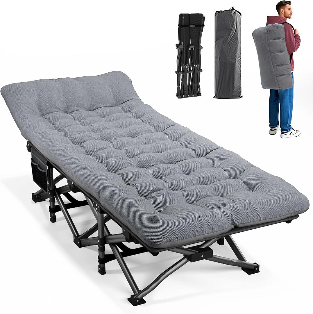 ATORPOK Camping Cot for Adults with Cushion Comfortable, Portable Folding Bed for Sleeping Supports 450 lbs (Gray), Large Size