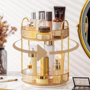 Weidace 360 Rotating Makeup Organizer for Vanity, Bathroom Countertop Spinning Perfume Organizer, High-Capacity Cosmetic and Skincare Dresser Make Up Holder Rack (2 Tiers, Yellow)