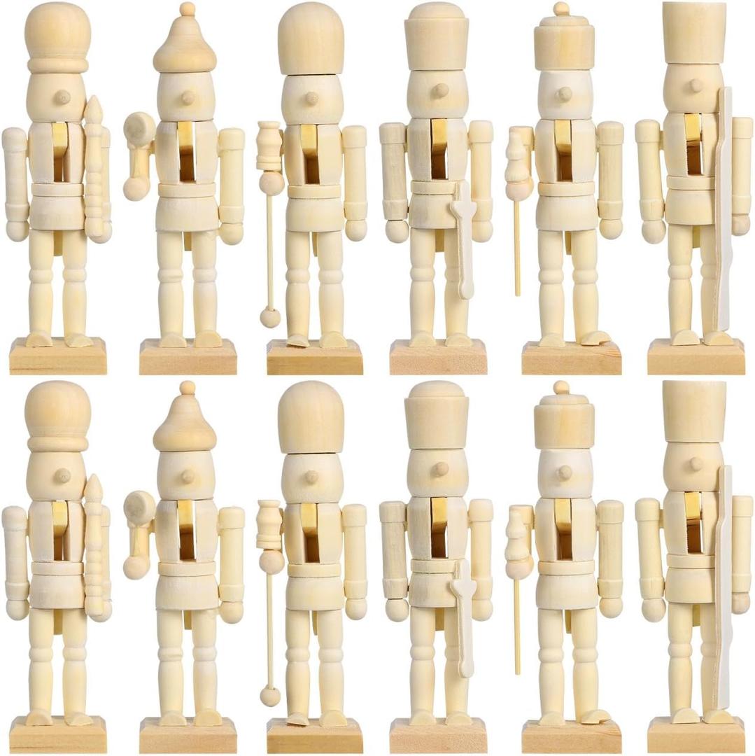PRETYZOOM Nutcracker 12Pcs Unpainted Wooden Nutcracker Puppets DIY Christmas Decorations Paint Your Own Ornaments Holiday Table Decor