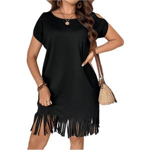 WDIRARA Women's Plus Size Round Neck Short Sleeve Fringe Hem Dress Casual Dresses (3X-Large Plus, Black)