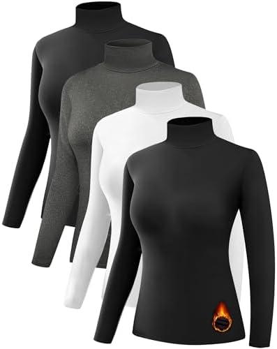 Dalavch 4 Pack Women’s Thermal Turtleneck Shirts, Women Turtle Neck Fleece Lined Compression Long Sleeve Base Layer Tops, S
