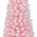 DORTALA 5 FT Pencil Christmas Tree Pink, Unlit Artificial Slim Xmas Full Tree with 328 Branch Tips, Folding Metal Stand, Flocked Skinny Decor Tree for Home Office Party