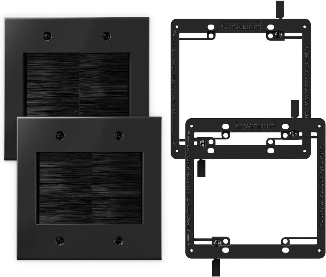 VCELINK 2 Gang Brush Wall Plate (Black, 2 Pack), Cable Pass Through Wire Hider for Cable Management, Compatible with Ethernet Cables, HDMI Cables & Home Theater Systems (Black, with Bracket)