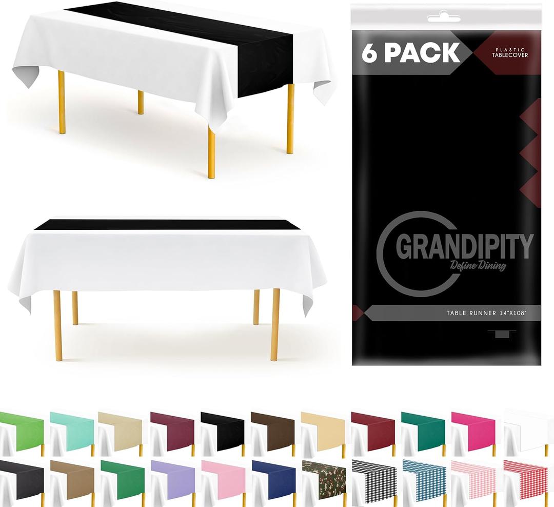 Black 6 Pack Premium Disposable Plastic Table Runner 14 x 108 Inch. Table Runner for Dinner Parties & Events by Grandipity