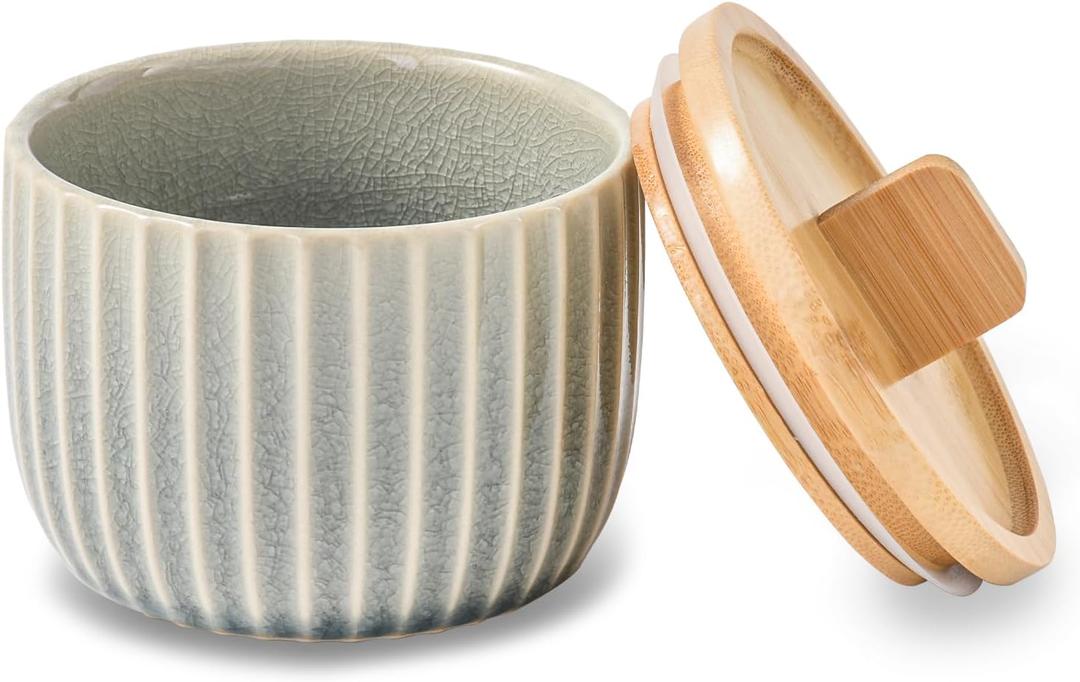 Salt Cellar Keeper with Bamboo Lid, 14oz Big Capacity Ceramic Sugar Bowls Pepper Box, Crackle Glaze Seasoning Container Condiment Pot for Kitchen (Grey Color) (Gray)