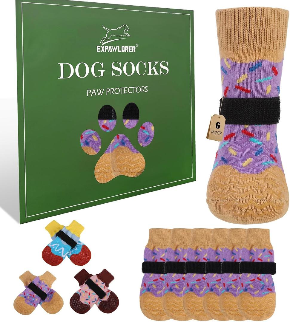 EXPAWLORER Anti Slip Dog Socks for Prevent Licking Paws & Hardwood FloorPink, X-Large(6 Pack)