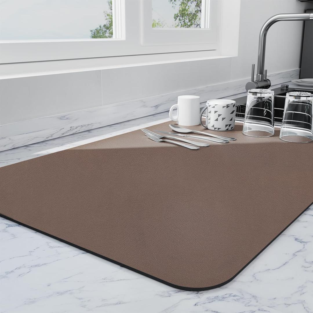 Ecotrim - Dish Drying Mat for Kitchen Counter | Coffee Bar Mat for Countertops | Heat Resistant Drainer Mat with Non-slip Rubber Backed | Hide Stain Kitchen Absorbent Draining Mat | Brown 16"x18"