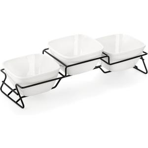 ZENFUN 10 oz Square Bowl Chip & Dip Serving Set, Pocelain Ramekin Bowls with Metal Rack Stand, White Small Serving Dishes, Condiment Serving Tray for Entertaining, Party, Buffets