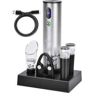 Electric Wine Opener with Wine Accessories -Rechargeable Wine Bottle Opener Set with Base, Wine Aerator, Foil Cutter and Wine Stoppers- Perfect Wine Gifts for Wine Lovers (Metallic Silver)