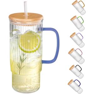 32oz Ribbed Glass Cup with Handle Bamboo Lid and Straw, Glass Tumbler, Iced Coffee Cups Hot/Cold Drinks (Azure Handle)