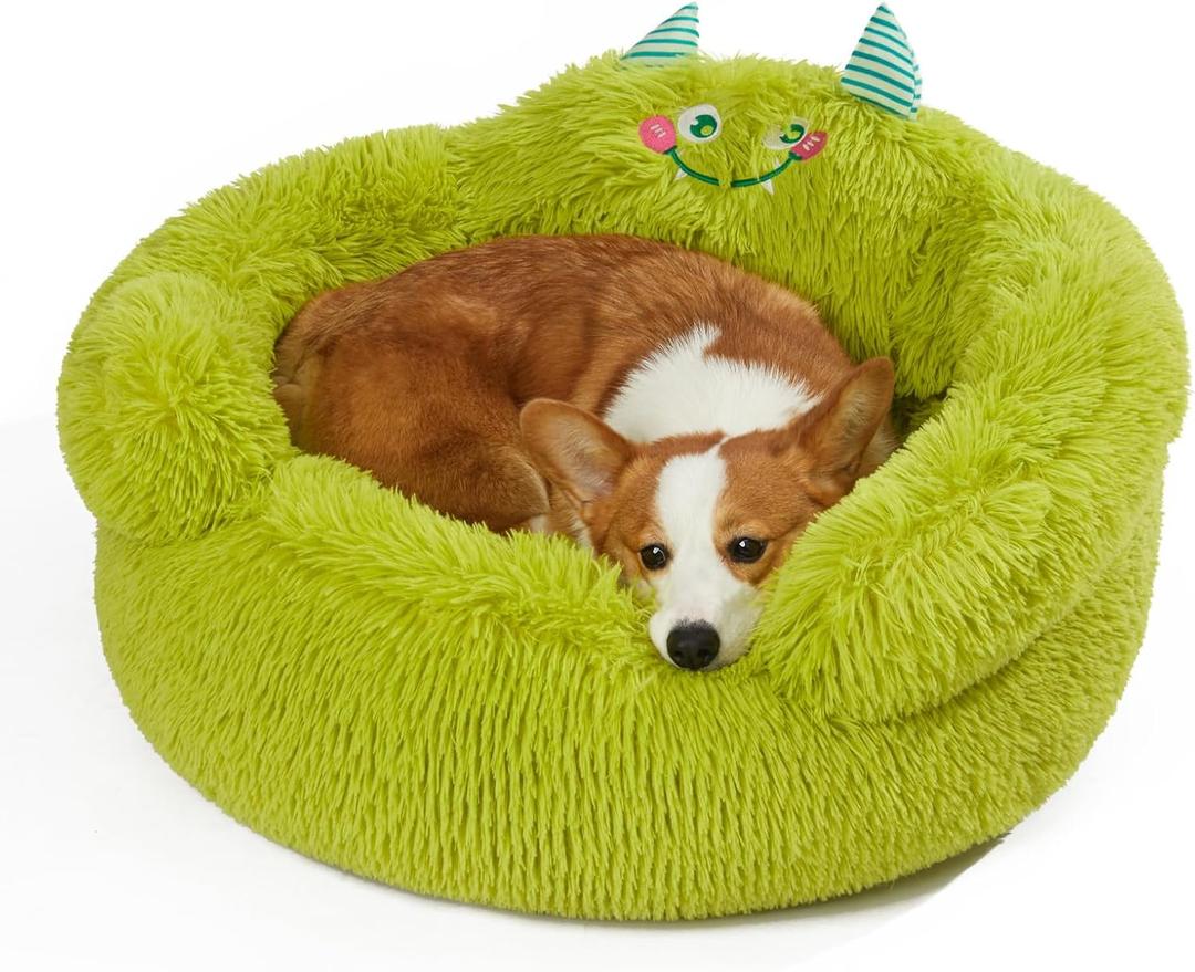 Jiupety Cute Calming Dog and Cat Bed, Anti-Anxiety Donut for Small Pets, Cozy Soft Pet Round Cuddler Bed with Non-Slip Bottom, L(27"27"14"), Green