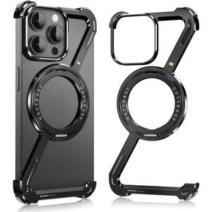 Metal Bumper Case for iPhone 16 Pro Max, Minimalist Z Aluminum Cover Design, Compatible with MagSafe, Ultra Thin Frameless Frame with 360 Rotatable Magnetic Ring, Black Titanium