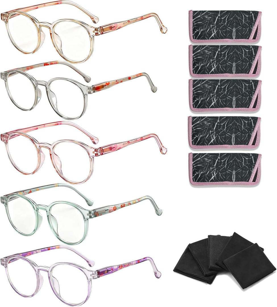 5-Pack Reading Glasses for Women Men, 3.5 Blue Light Blocking Computer Glasses with Spring Hinge, Round Fashion Readers with Case and Cleaning Cloth
