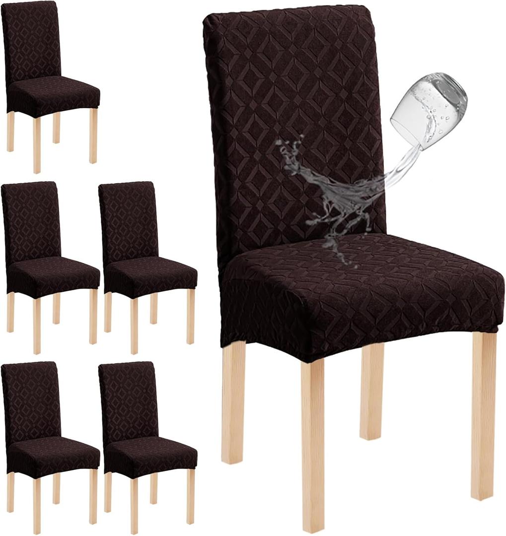 Genina Waterproof Chair Covers for Dining Room Set of 6, Removable Washable Chair Slipcover Protectors, Chocolate