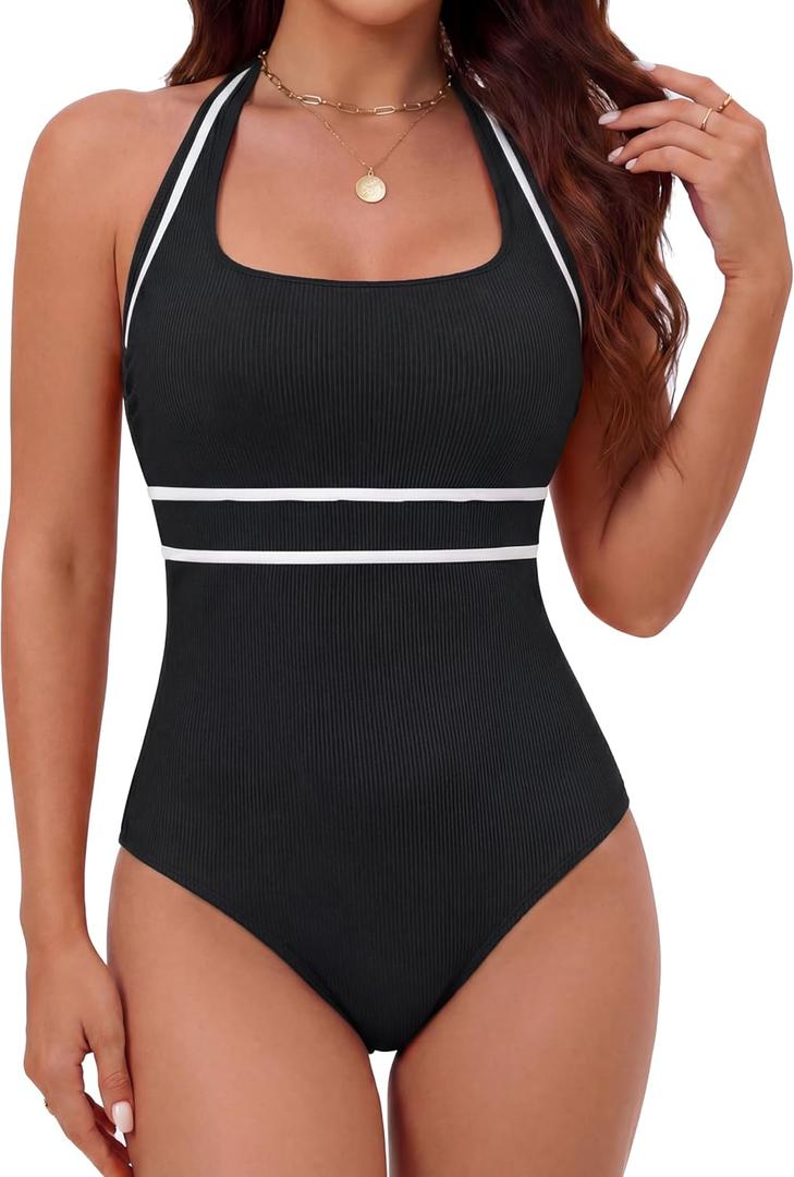 BMJL Tummy Control Bathing Suit for Women Halter One Piece Swimsuit Ribbed Slimming Swim Suits 2026 (L)