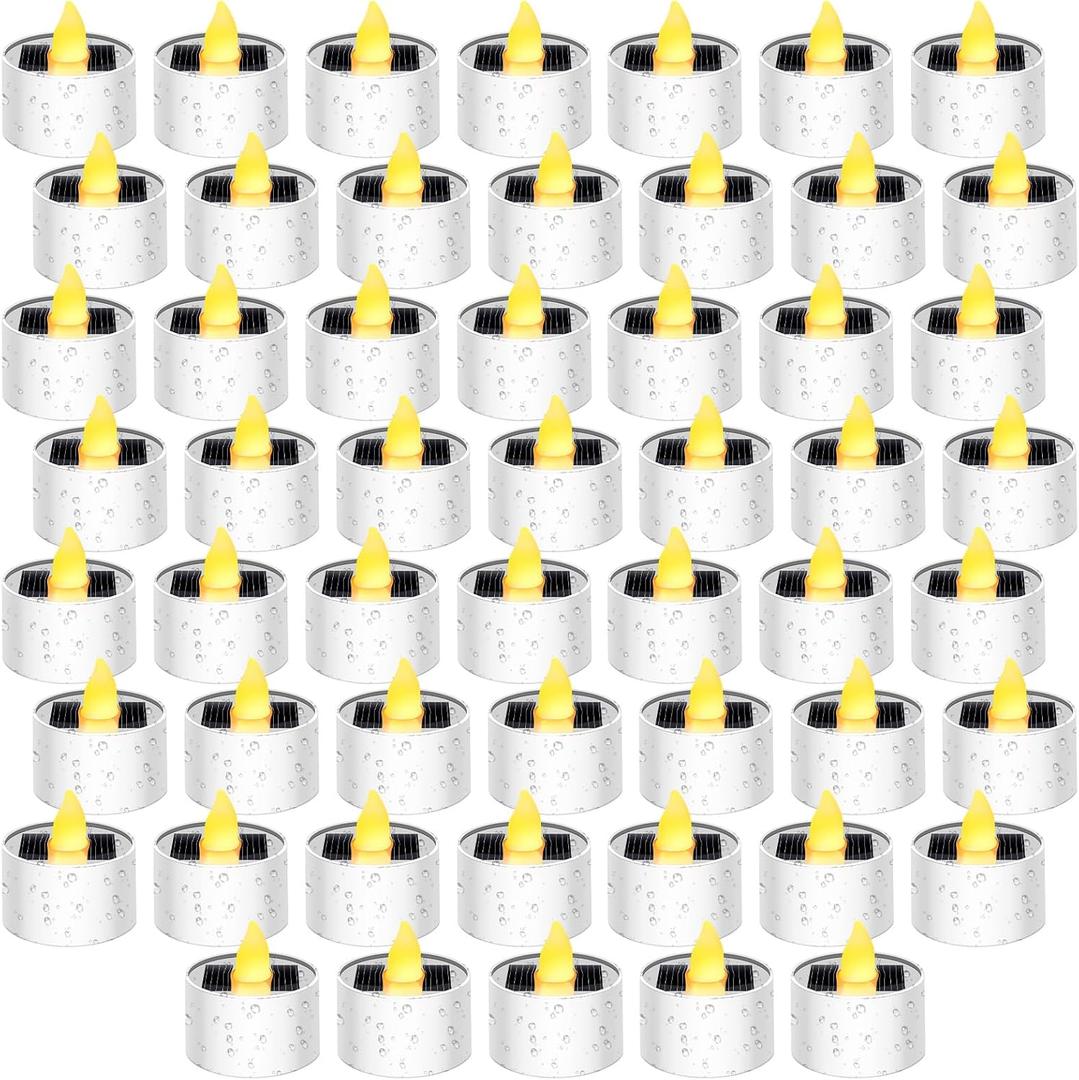 54 Pcs Solar Tea Lights Bulk Outdoor Waterproof Rechargeable Dusk to Dawn Lighting Small Flameless Flickering LED Votive Candles for Garden Patio Party Lanterns (Amber)