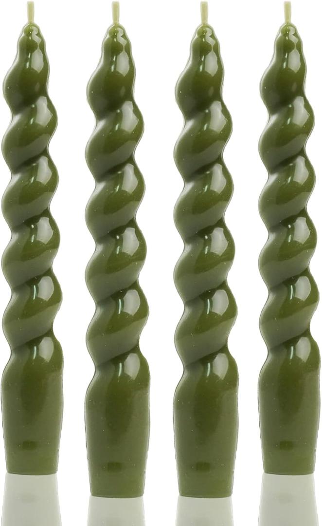 MAITREYA Olive Spiral Taper Candles - Conical Stick Handmade Twisted Candles, Set of 4 for Decoration, Weddings, Party, Church - Unscented, Dripless, 7.5 inch