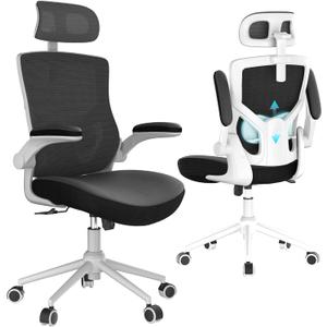 Ergonomic Office Chair with Adjustable Headrest & Lumbar Support - High Back Desk Chair with Flip-Up Arms, 360 Swivel Executive Computer Task Chair (Modern, Black-White Frame)