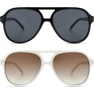Retro Trendy Square Aviator Sunglasses Womens Mens 70s Classic Vintage Oversized Sun Glasses AR82174 (Black+cream White)