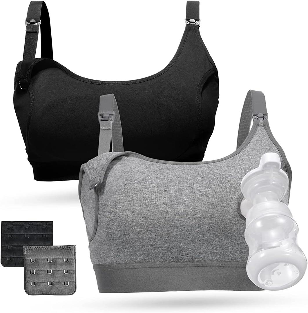Momcozy Pumping Bra Hands Free, Pumping and Nursing Bra in One Holding Breast Pump for Spectra, Lansinoh, Medela, Black,grey-2pk, Medium