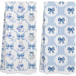 Blue and White Chinoiserie Bow Easter Egg Bunny Kitchen Towels 16x24 in Set of 2, Spring Cute Easter Rabbit Decorative Hand Towels for Bathroom Kitchen, Grandmillennial Decor Dish Tea Towel