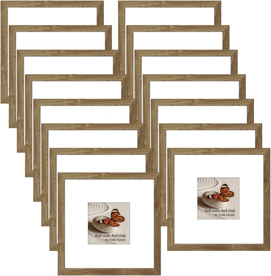 Memory Island 8x8 with 4x4 Photo Frames for Wall and Tabletop Display, 8 by 8 Walnut Wood Picture Frames with HD Plexiglass, Set of 15