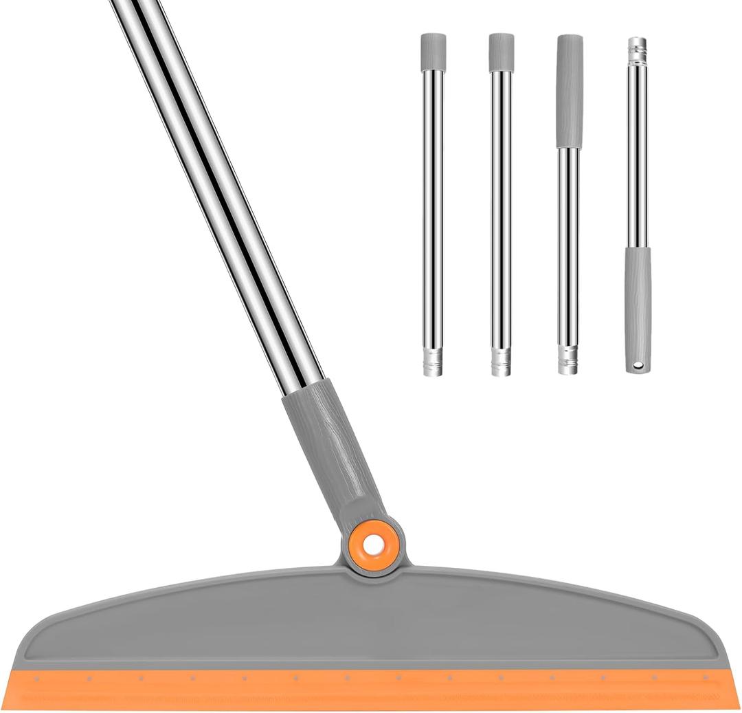 Multifunction Silicone Broom, 54 Inch Long Handle Silicone Floor Squeegee Broom, Sweep and Scrape 2 in 1 Household Cleaning Rubber Broom for Floor, Bathrooms, Kitchens, Showers, Tile, Pet Hair, Glass (Gray Orange)
