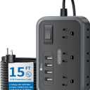 Flat Plug Extension Cord 15 Ft, NTONPOWER 6 Widely Spaced Outlet(2 Side) Power Strip with 4 USB Ports, Wall Mount Charging Station, Overload Protection for Home Office, Dorm Room and Nightstand-Black