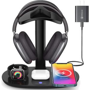 Airpod Max Charger Stand with 15w Wireless Charger, Suguder 4 in 1 Headset Holder for Apple Accessories Charging with AirPods Max/Pro/iWatch/iPhone/Vision Pro, Headphones Stand for Desk Organizer
